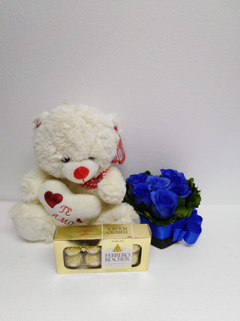 6 Rosas Azules en Caja Corazn, Bombones Ferrero Rocher 100Grs y Peluche con corazn 20cm
